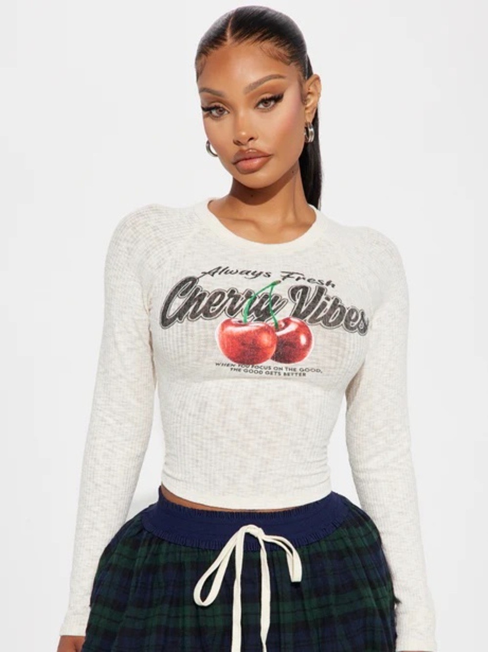 Cherry Vibes Long Sleeve T-Shirt Crop Graphic Ribbed Y2K Retro Coquette Size M